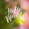 Hello march text at green and pink blurred background. Spring greetings. Inspirational design for social media.