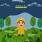 Hello Monsoon Background with Cheerful Boy Character Enjoying Rainy Season on Nature