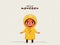Hello Monsoon Poster Design With Cheerful Little Boy Wearing Raincoat On Gray Rainfall