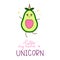 Hello my name is unicorn cute card with avocado unicorn. Avocorn inspirational greeting card. Kawaii food vector illustration