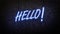 Hello neon sign emblem in neon style on brick wall background