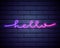 Hello Neon Text Vector with a brick wall background. Hello neon sign design template modern trend design night neon signboard