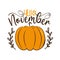 Hello November - Autumnal greeting with pumpkin and leaves.