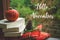 Hello November. Cozy autumn still life: cup and opened book on vintage windowsill with red blanket, pumpkin, candles. Autumn. Rain