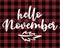 Hello November - text on Red and black tartan plaid Scottish Seamless Pattern