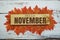 Hello November text on wooden planks decorated with maple leaves on wooden background