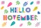 Hello November. Trendy geometric font in memphis style of 80s-90s. Vector background with colorful autumn leaves