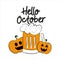 Hello October autumn or halloween text, with colorful beer mug and smiley face pumpkins.