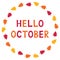 Hello October, card with autumn leaves, text in hand lettered font