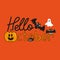 Hello October halloween text, with cute bats, pumpkin, and ghost, on orange color background