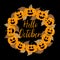 Hello October handwritten text, and pumpkin wreath with autumn leaves,