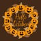 Hello October handwritten text, and pumpkin wreath with autumn leaves, on brown background