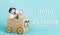 Hello October, Happy Asian children boy smile in driving play car creative by a cardboard box imagination with megaphone