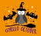 Hello October- happy greeting for halloween with cute bats, spider and witch owl on the broom.