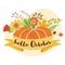 Hello October text Autumn design template print with orange pumpkin Harvest festival Vector