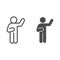 Hello pose line and solid icon. Man with raised hand and lowered hand on left outline style pictogram on white