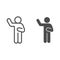 Hello pose line and solid icon. Man with raised hand and lowered hand to right outline style pictogram on white