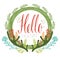 Hello postcards with green circular frame, antlers and flowers a