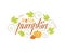 Hello pumpkin. Lettering with leaf and pumpkin decor, greeting card, print or banner. Vector illustration, isolated on a