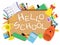 Hello school banner with blackboard on white background