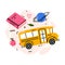 Hello School with Bus, Apple, Book and Planet Vector Composition
