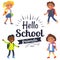 Hello School Friends Sticker with Pupils Vector