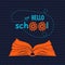 Hello School poster with open book and flying paper plane on navy blue zigzag background. All isolated and layered. Vector