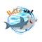Hello sea cartoon badge with trendy design cartoon cheerful cute hammerhead shark with fish silhouettes. Summer and sea party moti