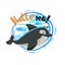 Hello sea cartoon badge with trendy design cartoon cheerful cute killer whale orca with fish silhouettes. Summer and sea party mot