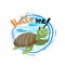 Hello sea cartoon badge with trendy design cartoon cheerful cute marine turtle with fish silhouettes. Summer and sea party motivat