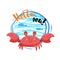 Hello sea cartoon badge with trendy design cartoon cheerful red crab mascot. Summer and sea party motivation poster.