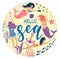 Hello sea. Circular composition illustration. Design of t-shirt. Fish, algae, corals and sea animals. Aquatic, mermaids