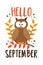 Hello September - autumnal greeting with owl on branch.