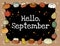 Hello September chalkboard inscription cute cozy banner with pumpkins. Autumn festive poster. Fall harvest greetings postcard