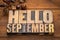 Hello September word abstract in wood type