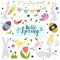 Hello spring banner template with bunny rabbit  chick and flowers
