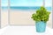 Hello spring concept. Compostion of fresh green basil herb in a blue metal pot on sunny kitchen windows sill with view on a