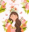 Hello Spring floral card design with young girl