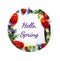 Hello Spring floral composition from poppies, cornflowers, irises, and wild flowers