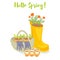 Hello spring gardening banner. Rubber boot, basket, gloves, seedlings, marigold flowers. Vector illustration