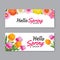 Hello spring greeting card banner template with colorful flower.