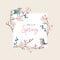 Hello spring greeting card, invitation with cute hand drawn birds and cherry tree branches with pink blossoms. Easter