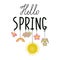 Hello Spring handwritting phrase with ropes and doodle spring symbols on it