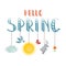 Hello Spring handwritting phrase with ropes and spring symbols on it