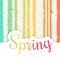 Hello spring lettering with flat flowers and leafs. Spring birch forest background.