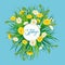 Hello Spring lettering template background with flowers bouquet dandelions and daisies, chamomiles, grass. Vector