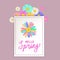 Hello Spring lettering template banner with fresh flowers bouquet multi colored daisies, chamomiles. Vector illustration