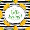 Hello spring modern background, Spring flowers yellow dandelion. Trendy striped black pattern. All objects are editable