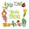 Hello spring poster cactus flower ladybug bird