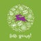 Hello spring. Purple running silhouette of a rabbit in the flower circle on a green background. Calligraphy card. Hand drawn